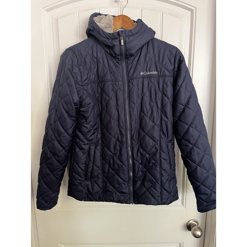Columbia Women's S Copper Crest Coat Soft Faux Fur Lined Hooded Quilted Navy CC